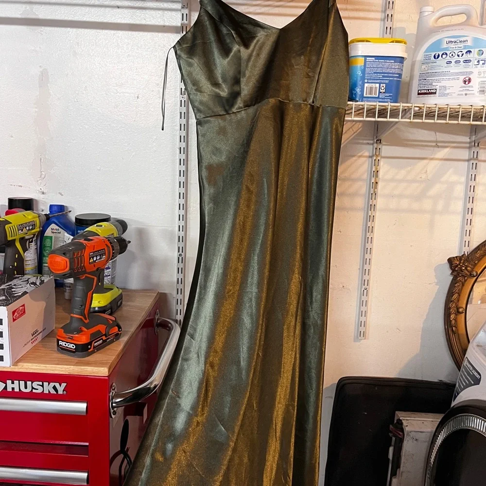 Birds Grey shiny satin Olive Green Bridesmaids dress - Picture 2 of 5